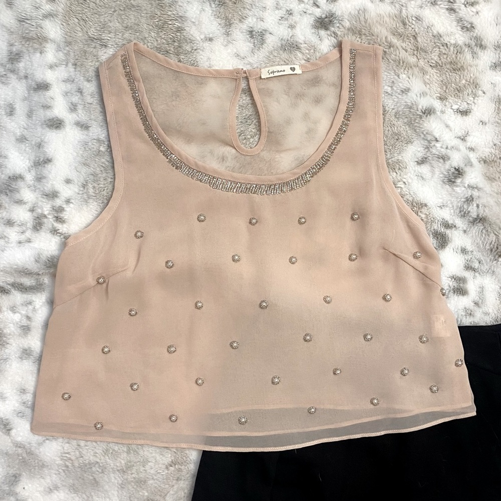 Sheer Blush Top with Dainty Pearl Beading 🤍
